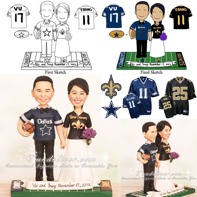 New Orleans Saints and Dallas Cowboys Football Wedding Cake Toppers